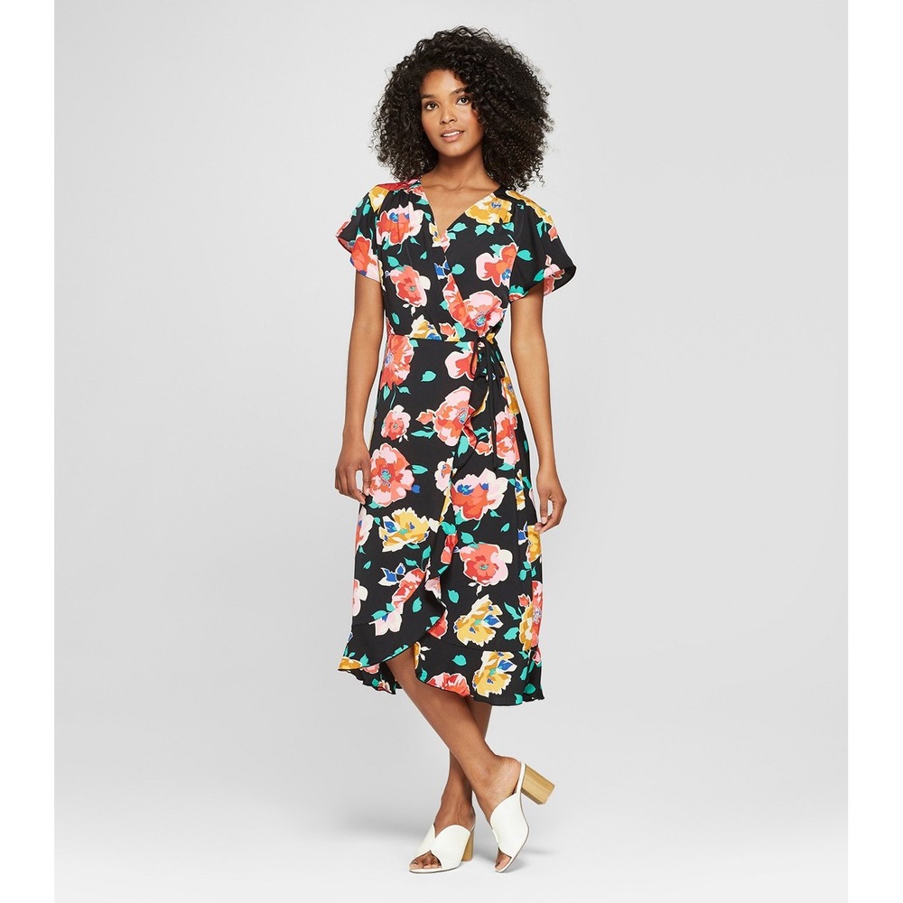 Who What Wear Black Floral Print‎ Wrap Dress Short Sleeve Size S Women's